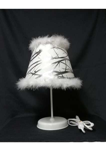 Gümüş Abajur Krem Tüylü Yatak Odası Abajuru