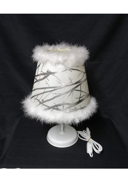 Gümüş Abajur Krem Tüylü Yatak Odası Abajuru modelleri