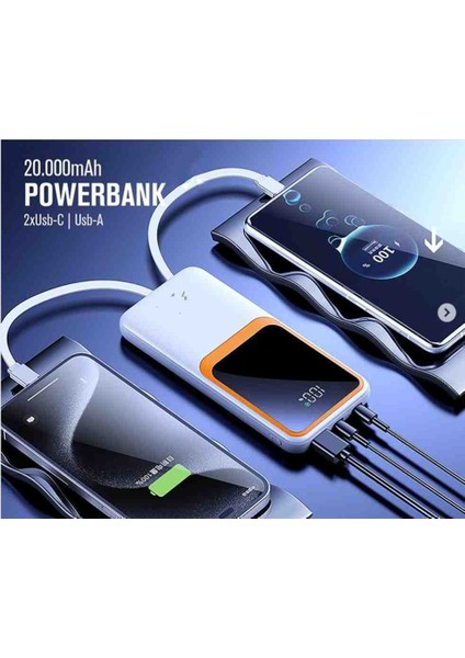 20.000 Mah Powerbank Pd 22.5W Hızlı Şarj Dahili Type-C ve Lightning Kablolu Quick Charge 3.0
