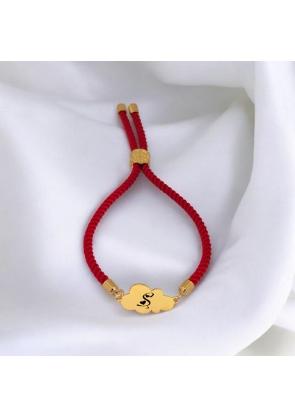14 Ayar Plakalı Altın Bulut Motifli Kız Çocuklar İçin Ipek Örgülü Harfe Özel Bileklik-406Harf-Kırmızı