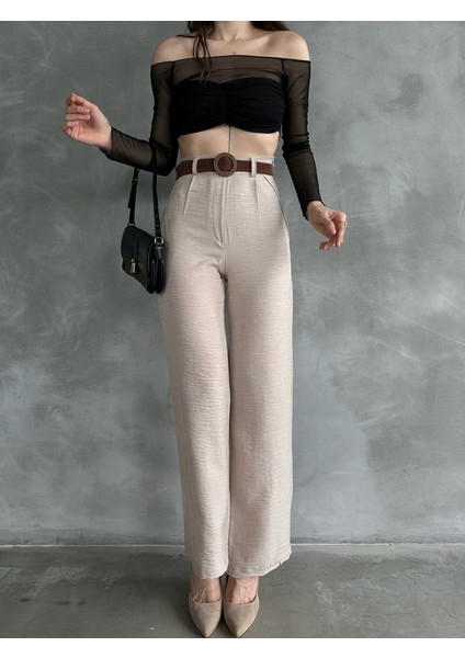 Kadın Beli Kemerli Keten Pantolon indirimleri