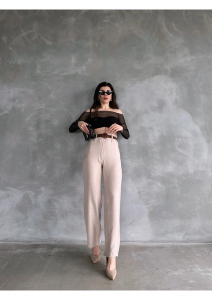 Kadın Beli Kemerli Keten Pantolon