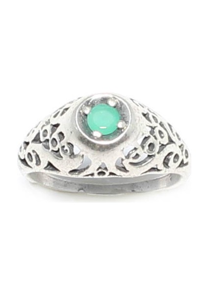 925 Ayar Gümüş Ajur Desenli Yeşil Taşlı Yüzük