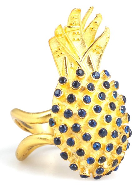 925 Ayar Gümüş Mavi Taşlı Altın Yaldızlı Ananas Yüzük