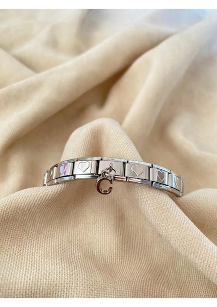 C Harfli Kalpli Çelik Italyan Charm Bileklik