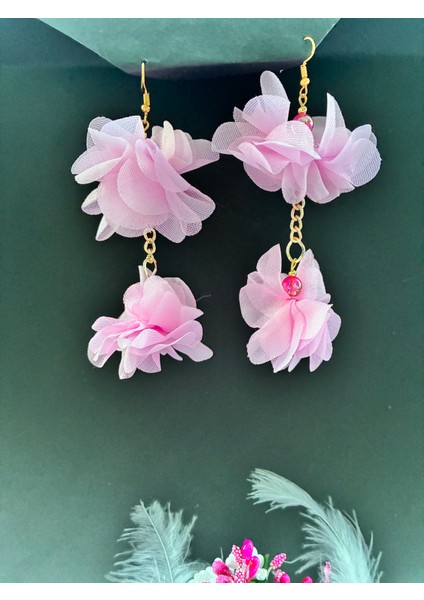 Pembe Lazer Kesim Çiçekli Sallantılı Küpe Çift