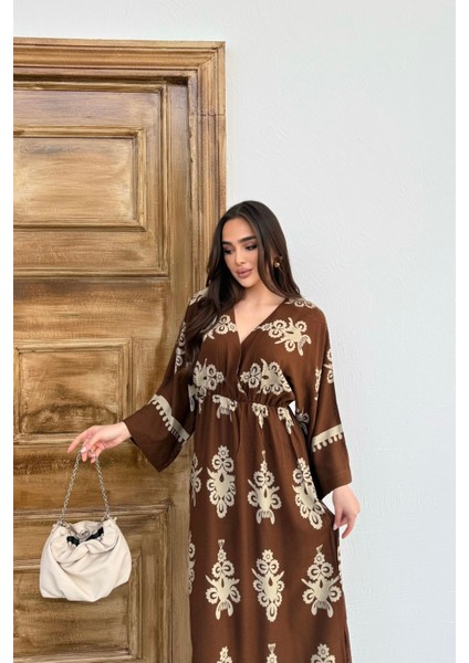 Etnik Desenli Viskon Uzun Kollu Kahverengi Elbise