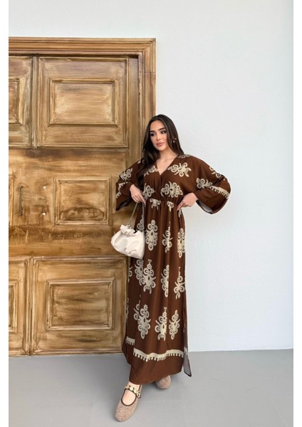 Etnik Desenli Viskon Uzun Kollu Kahverengi Elbise fiyatları