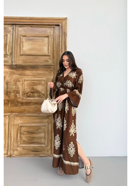 Etnik Desenli Viskon Uzun Kollu Kahverengi Elbise modelleri
