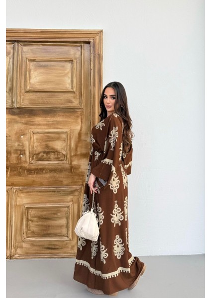 Etnik Desenli Viskon Uzun Kollu Kahverengi Elbise indirimleri