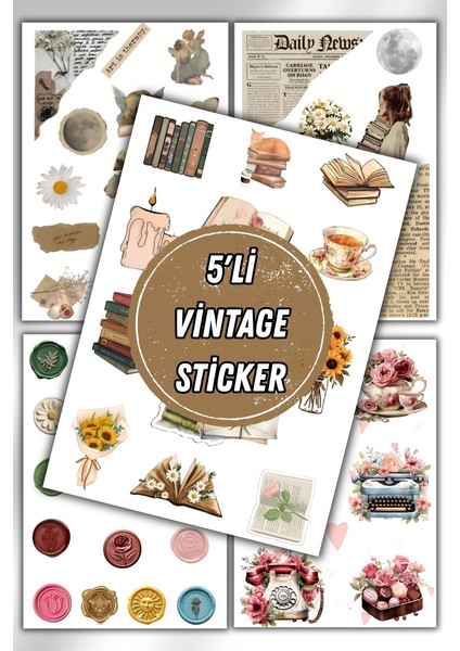 5'li Vintage Temalı Planner Sticker Set-Çıkartma,ajanda,günlük