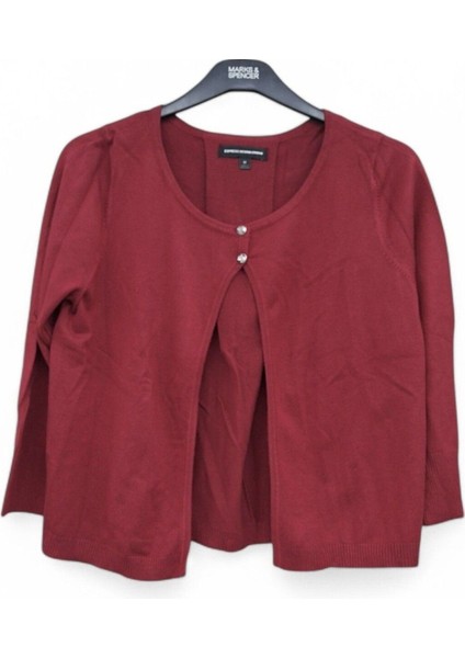 S M Triko Express Design Studio Kaliteli Bordo Düğme Detaylı Bel Hizası Kısa Pelerin / Hırka