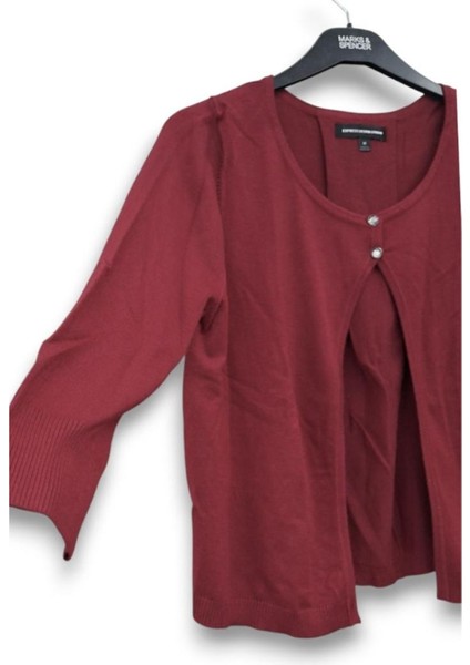 S M Triko Express Design Studio Kaliteli Bordo Düğme Detaylı Bel Hizası Kısa Pelerin / Hırka