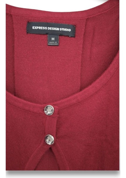 S M Triko Express Design Studio Kaliteli Bordo Düğme Detaylı Bel Hizası Kısa Pelerin / Hırka