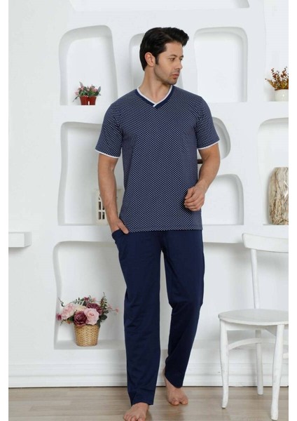 Erkek Desenli V Yaka Düğmesiz %100 Pamuk Kısa Kol Cepli Pijama Takımı