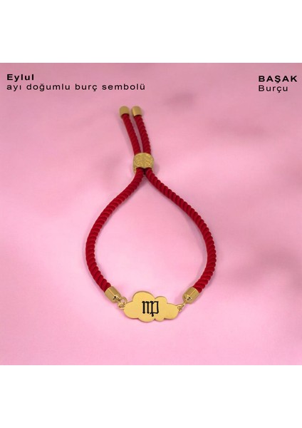 14 Ayar Plakalı Altın Kız Çocuklar İçin Bulut Figürlü Ipek Örgülü Doğum Ayına Özel Bileklik-406Ay-Kırmızı