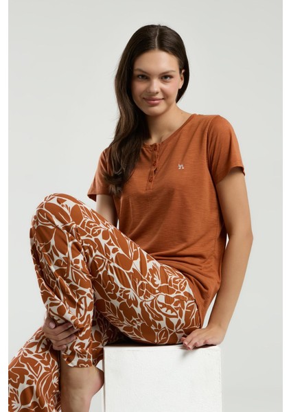3229 Kadın Kehribar Bisiklet Yaka Kısa Kollu Pijama Takım