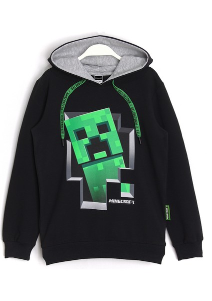 Minecraft Baskılı Uzun Kollu Kapüşonlu Erkek Çocuk Hoodie Sweatshirt Siyah 001-0002043