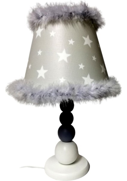 Gri Beyaz Siyah Ahşap Yatak Odası Abajuru