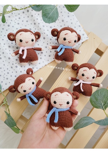 Amigurumi Mavi Atkılı Maymun Oyuncak ve Anahtarlık 9 cm (1 Adet)