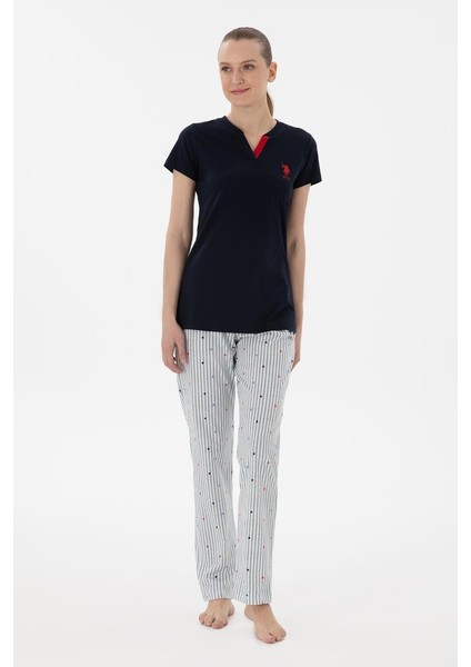 Kadın V Yaka Yarım Kollu Patlı Çizgili Pijama Takım