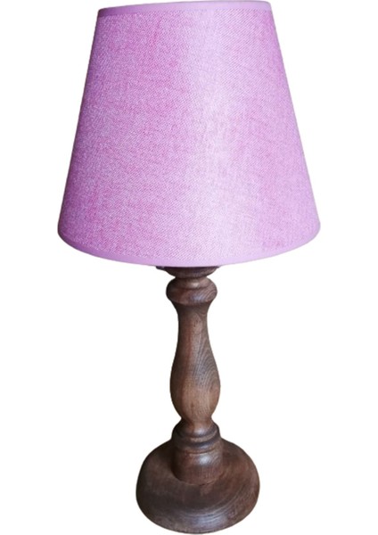 Ceviz Ahşap Ayaklı Abajur Pembe Başlık