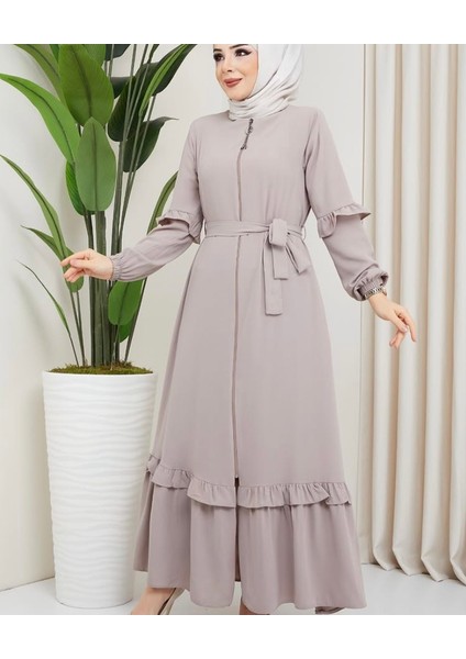 Kadın Kol ve Etek Fırfır Detaylı Kol Ucu Lastiki Fermuarlı Beli Kuşaklı Ferace fiyatları