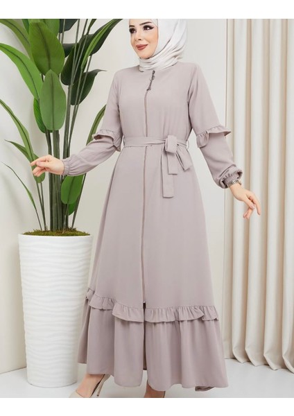 Kadın Kol ve Etek Fırfır Detaylı Kol Ucu Lastiki Fermuarlı Beli Kuşaklı Ferace fırsatları