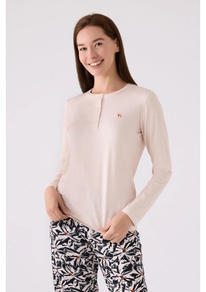 3113 Kadın Desenli Düğmeli Uzun Kollu Pijama Takımı