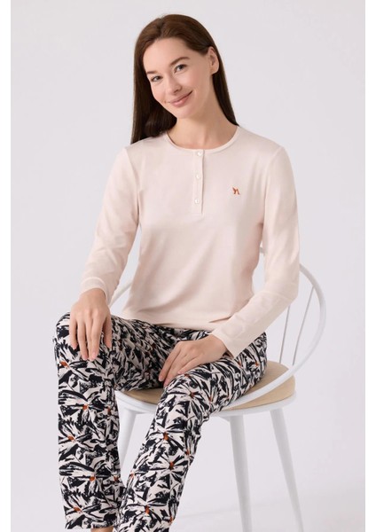 3113 Kadın Desenli Düğmeli Uzun Kollu Pijama Takımı