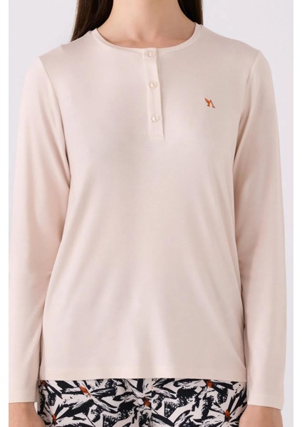 3113 Kadın Desenli Düğmeli Uzun Kollu Pijama Takımı