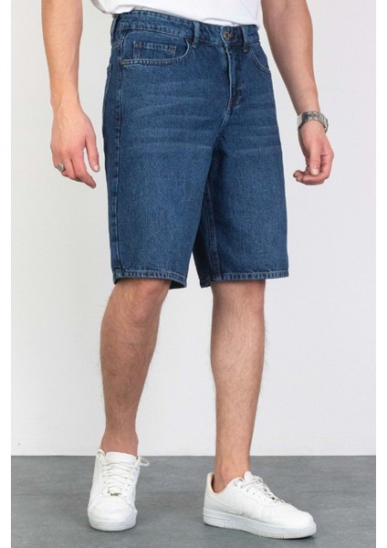 Erkek Koyu Mavi Baggy Fit Rahat Kesim %100 Pamuk Denim Loose Jeans Kot Şort Arthur-Mavi