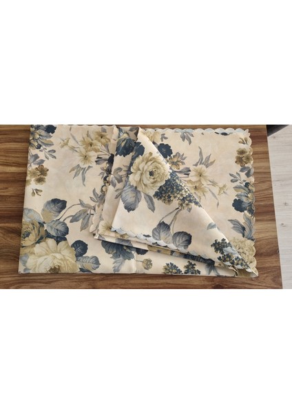 Dikdörtgen Dijital Baskı Kenarı Yakmalı Klasik Masa ve Piknik Örtüsü 160 x 220 cm Lacivert-Bej