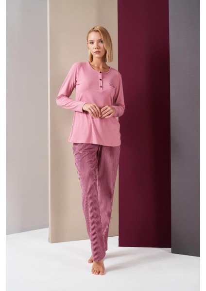 26008 With Love Always Kadın Patlı Çizgili Uzun Kollu Pijama Takım