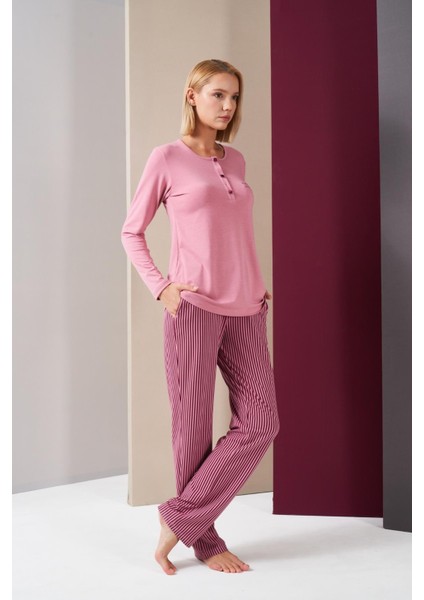26008 With Love Always Kadın Patlı Çizgili Uzun Kollu Pijama Takım modelleri