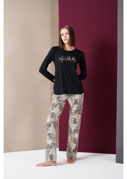 26020 Kadın Love Yourself Yuvarlak Yaka Leopar Desen Uzun Kol Pijama Takım