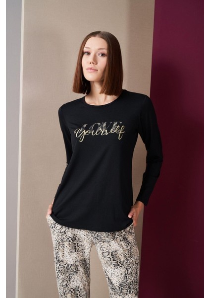 26020 Kadın Love Yourself Yuvarlak Yaka Leopar Desen Uzun Kol Pijama Takım