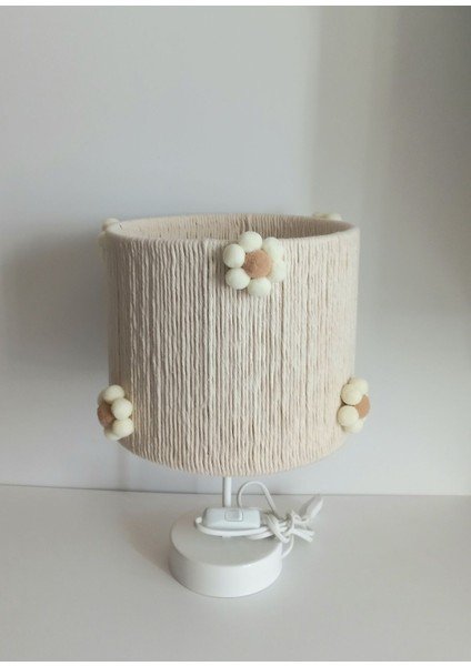 Silindir Ekru Makrome Ip Sargılı Çiçek Ponponlu Kız Bebek Çocuk Odası Abajur