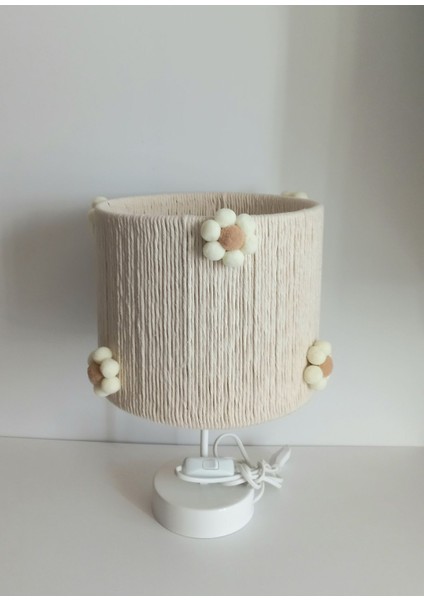 Silindir Ekru Makrome Ip Sargılı Çiçek Ponponlu Kız Bebek Çocuk Odası Abajur modelleri