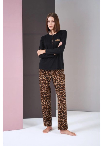 26004 Kadın Uzun Kol Leopar Desenli Pijama Takım