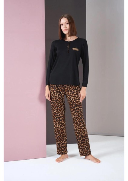 26004 Kadın Uzun Kol Leopar Desenli Pijama Takım