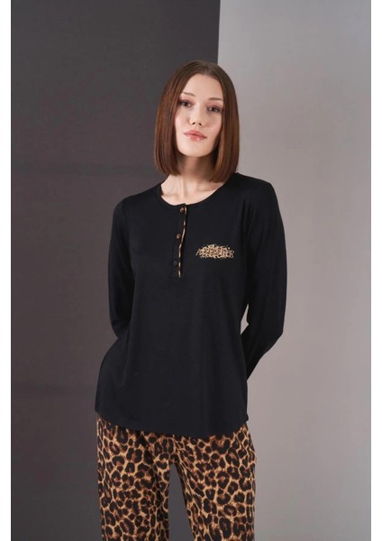 26004 Kadın Uzun Kol Leopar Desenli Pijama Takım