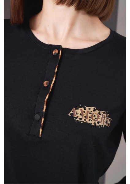 26004 Kadın Uzun Kol Leopar Desenli Pijama Takım