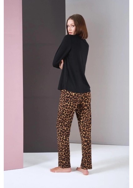 26004 Kadın Uzun Kol Leopar Desenli Pijama Takım