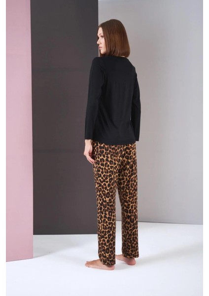 26004 Kadın Uzun Kol Leopar Desenli Pijama Takım