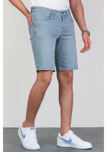 Erkek Taşlamalı Rahat Kesim Likralı Esnek Mavi Jean Denim Kot Şort HLTHE001955