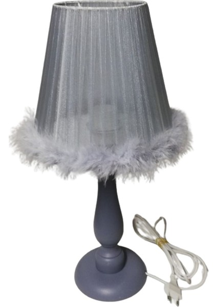 Gri Ahşap Ayaklı Gri Başlıklı Abajur