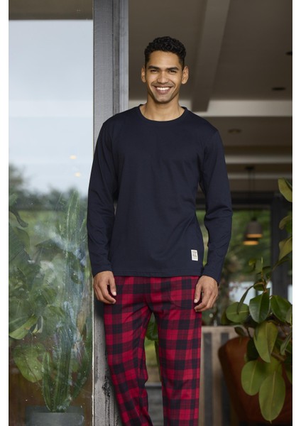 6028 Erkek Sıfır Yaka Ekoseli Uzun Kollu Pijama Takım