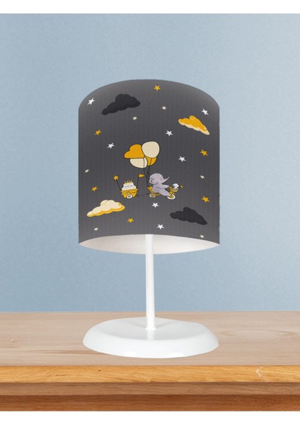 Bebek ve Çocuk Odası Sarı Bulutlu ve Bisikletli Fil Desenli Abajur