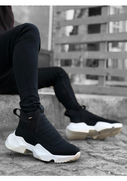 BA0401 Bağcıksız Rahat Yüksek Taban Siyah Erkek Spor Yarım Bilek Bot